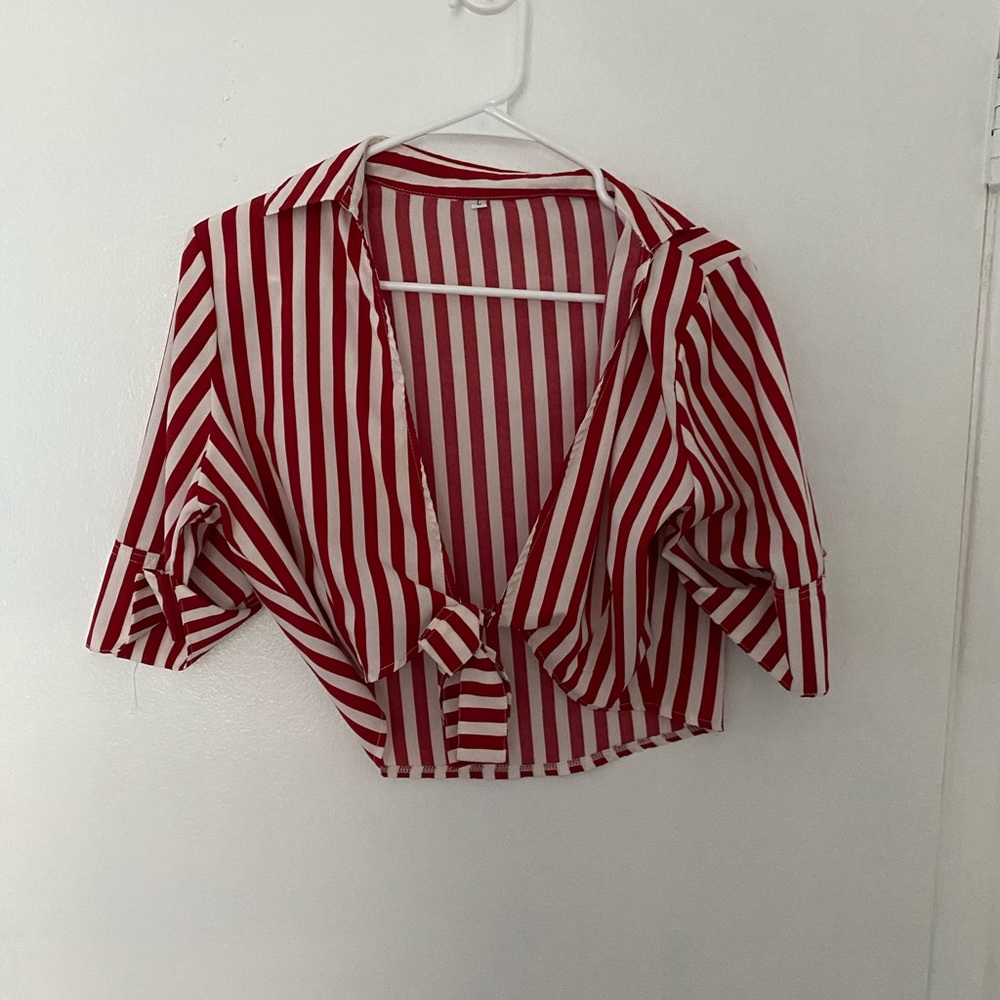 Red and white striped crop tie top